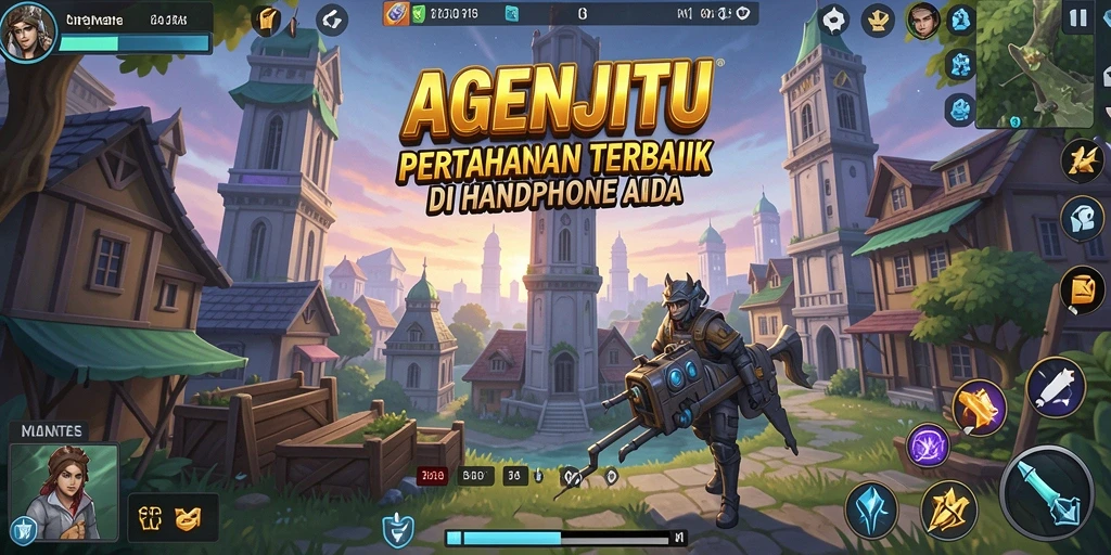 Tangkapan layar gameplay AGENJITU yang menampilkan pertahanan menara yang strategis.