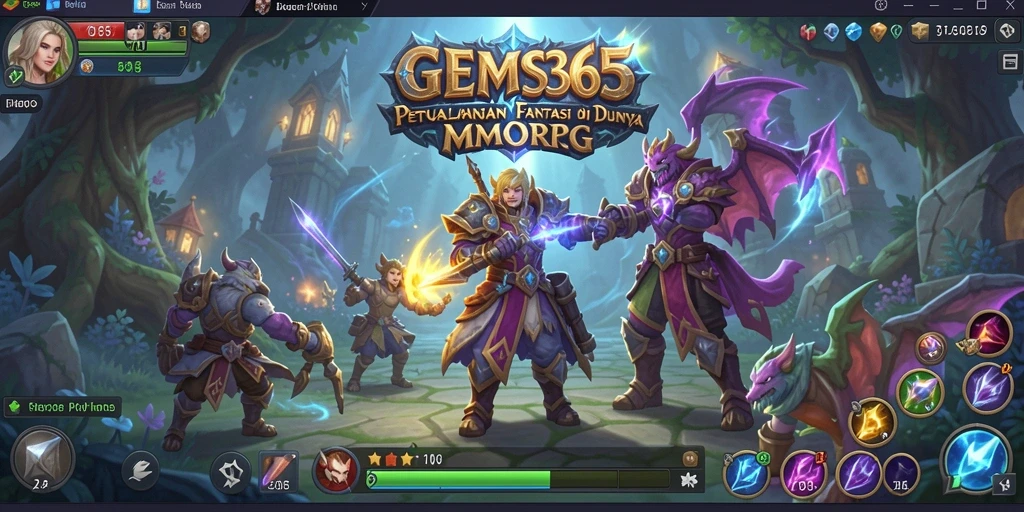 Screenshot dari gameplay GEMS365 yang menunjukkan aksi petualangan MMORPG.